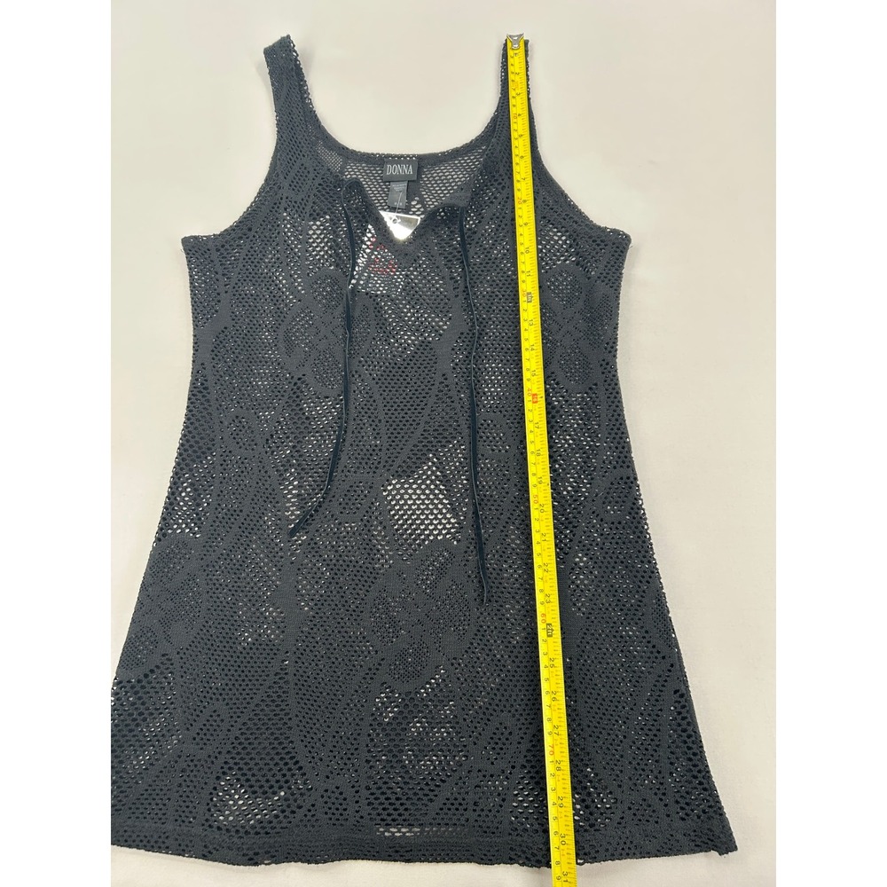 Donna Black Crochet Knit Lace Up Front Tank Top Floral Mesh Cover Up Medium - Picture 8 of 11